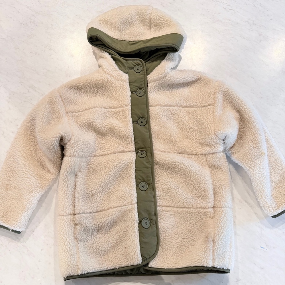 GAP Kids Cream and Olive Green Quilted Sherpa Jacket